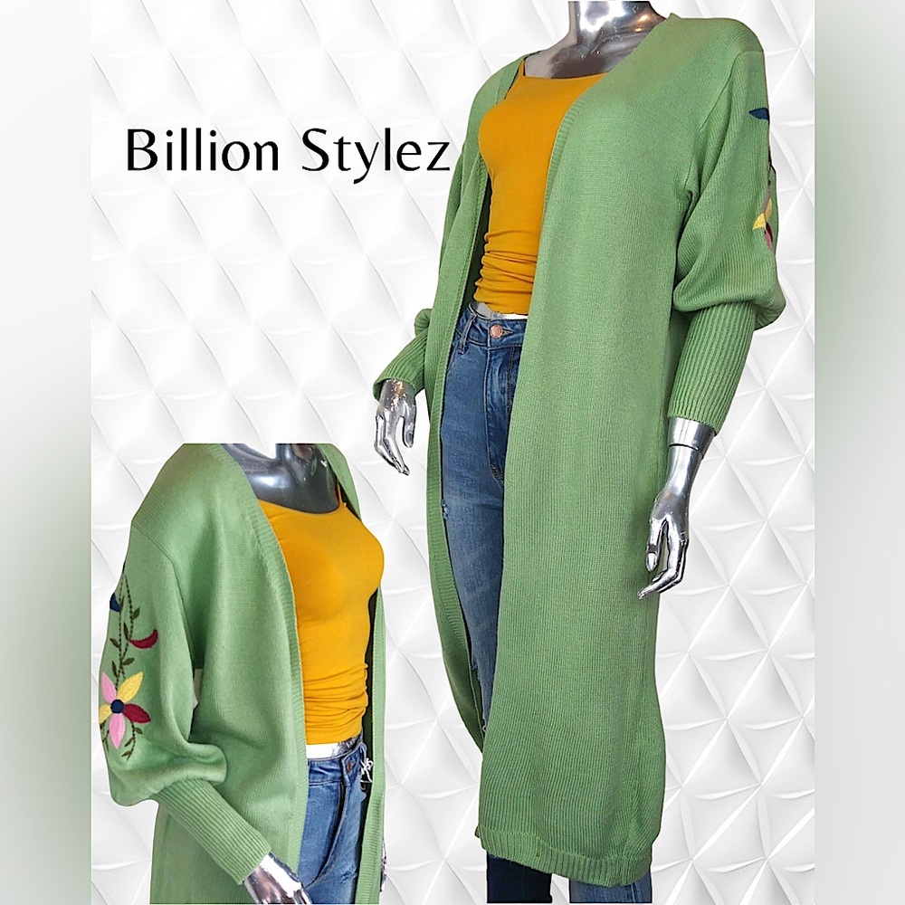 Settledown Embroidered Floral Knit Green Long Duster Cardigan Sweater 
M/L